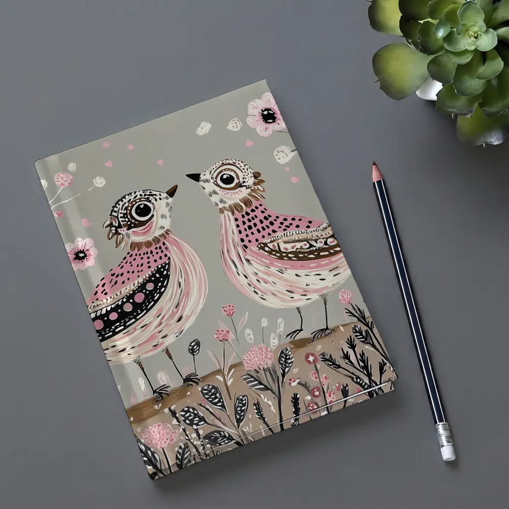 Two Folk Art Birds Pink Floral Garden – Notebooks