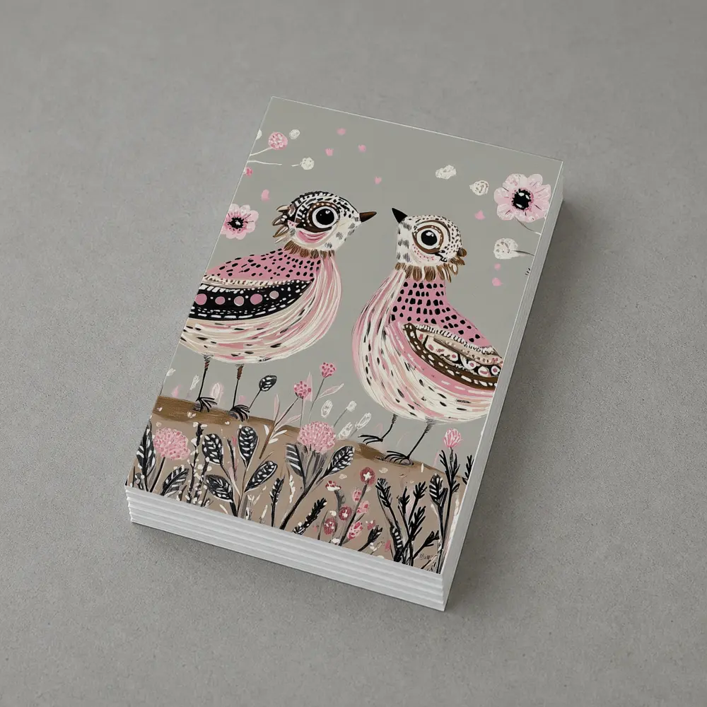 Two Folk Art Birds Pink Floral Garden – Postcards