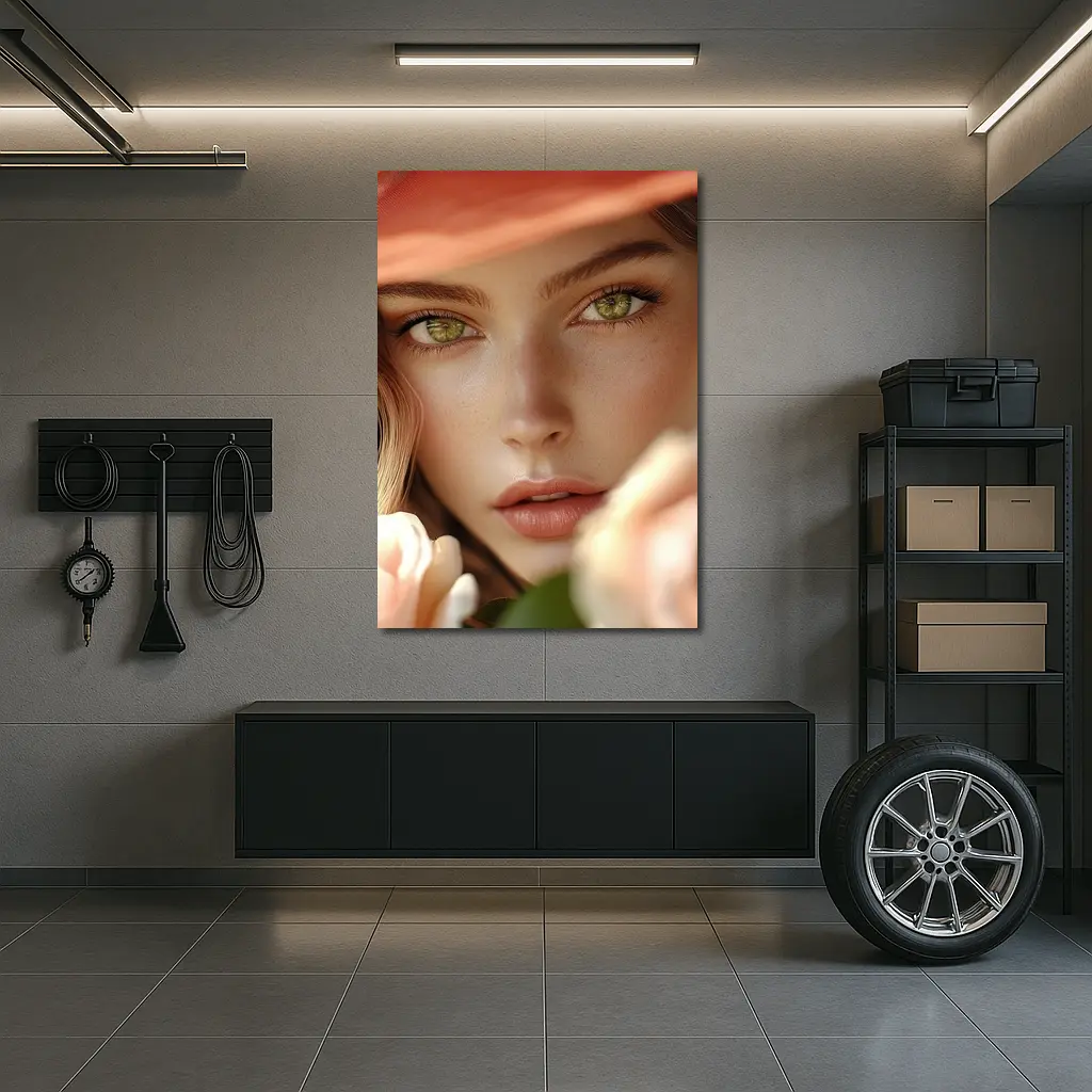 Green Eyes Woman Peach Hat Rose Portrait – Wall Art