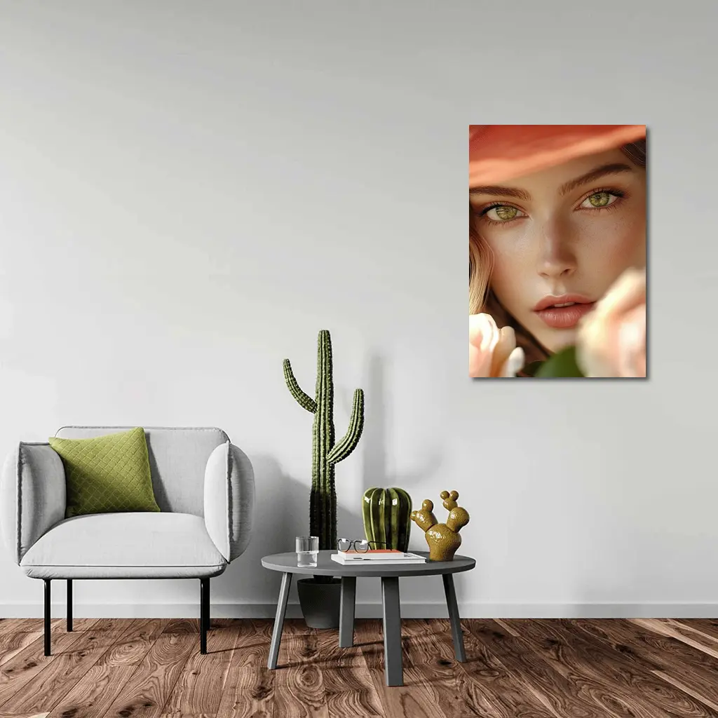 Green Eyes Woman Peach Hat Rose Portrait – Wall Art