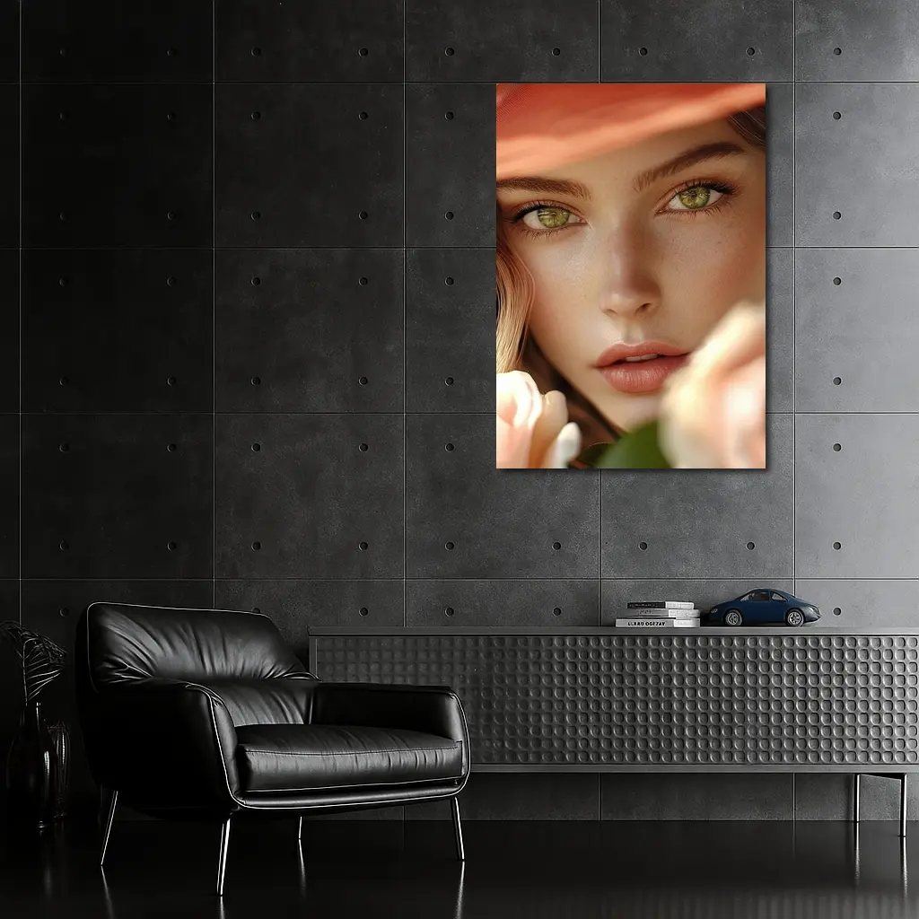 Green Eyes Woman Peach Hat Rose Portrait – Wall Art