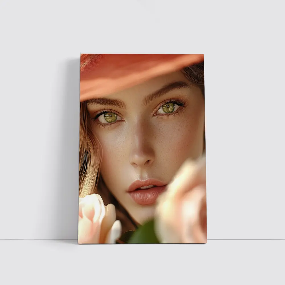 Green Eyes Woman Peach Hat Rose Portrait – Wall Art