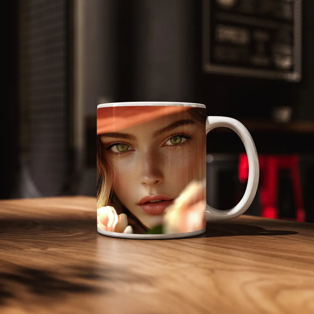 Green Eyes Woman Peach Hat Rose Portrait – Mugs