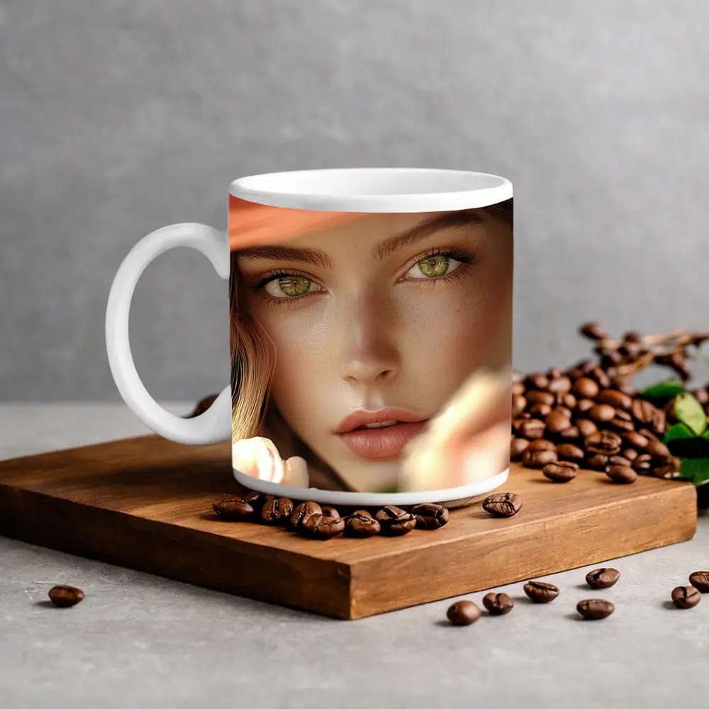 Green Eyes Woman Peach Hat Rose Portrait – Mugs