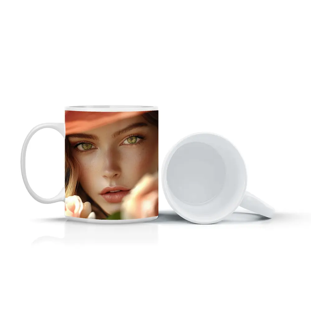 Green Eyes Woman Peach Hat Rose Portrait – Mugs