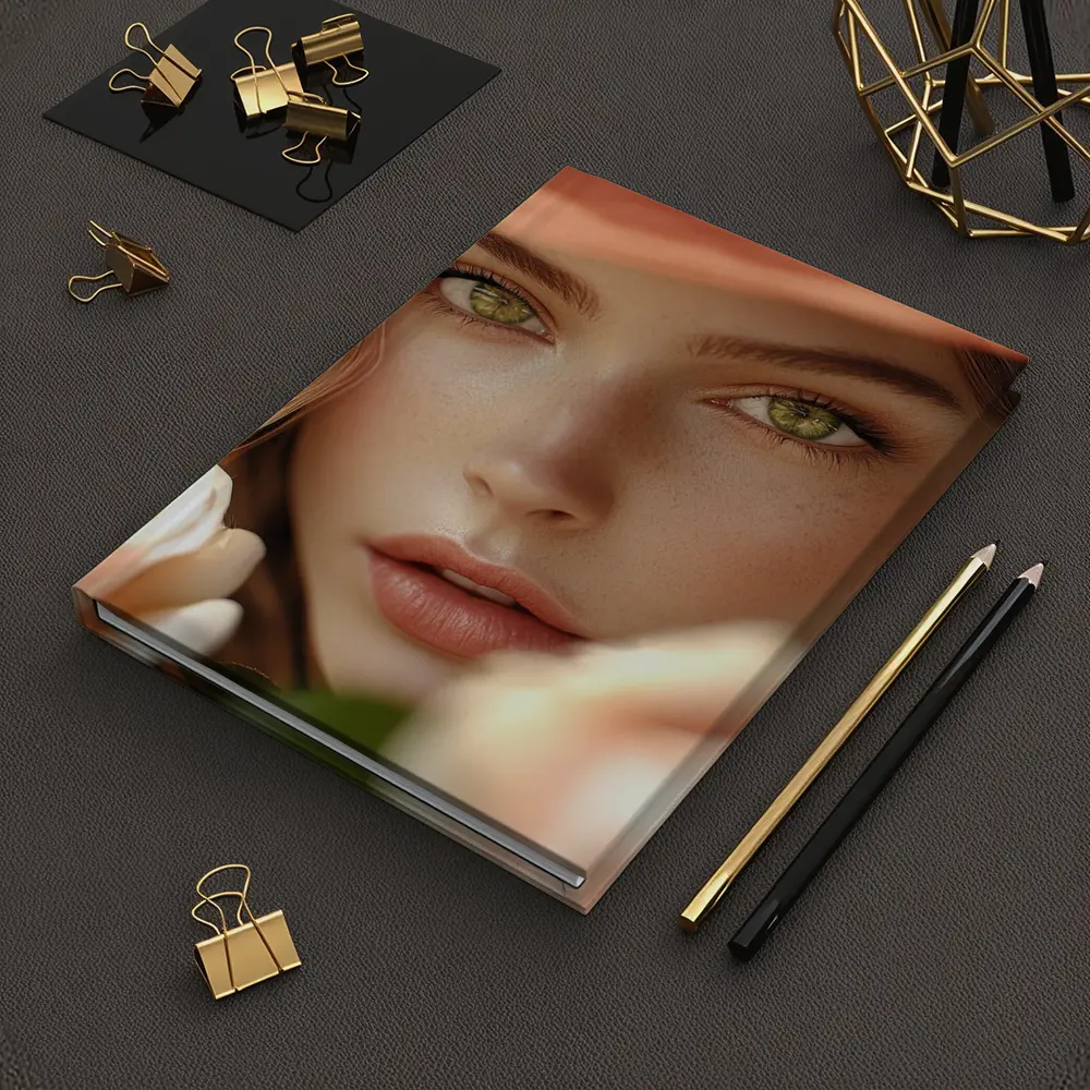 Green Eyes Woman Peach Hat Rose Portrait – Notebooks