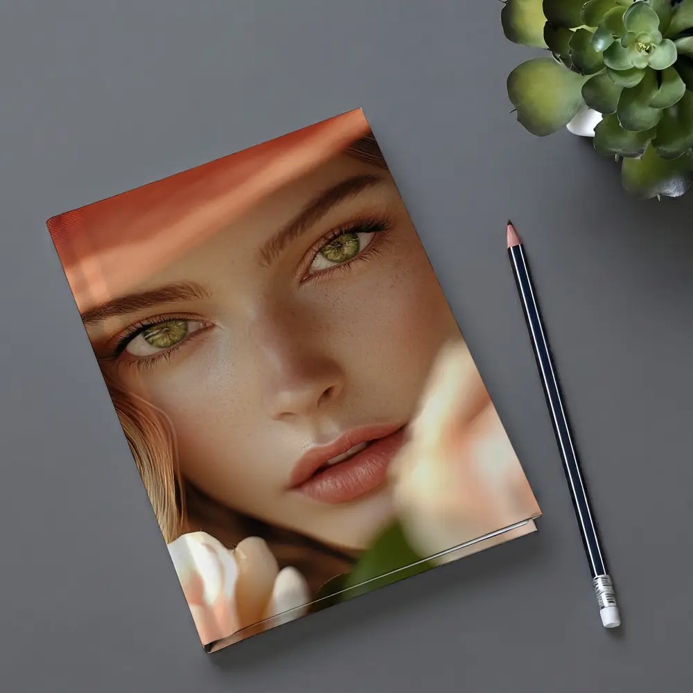 Green Eyes Woman Peach Hat Rose Portrait – Notebooks