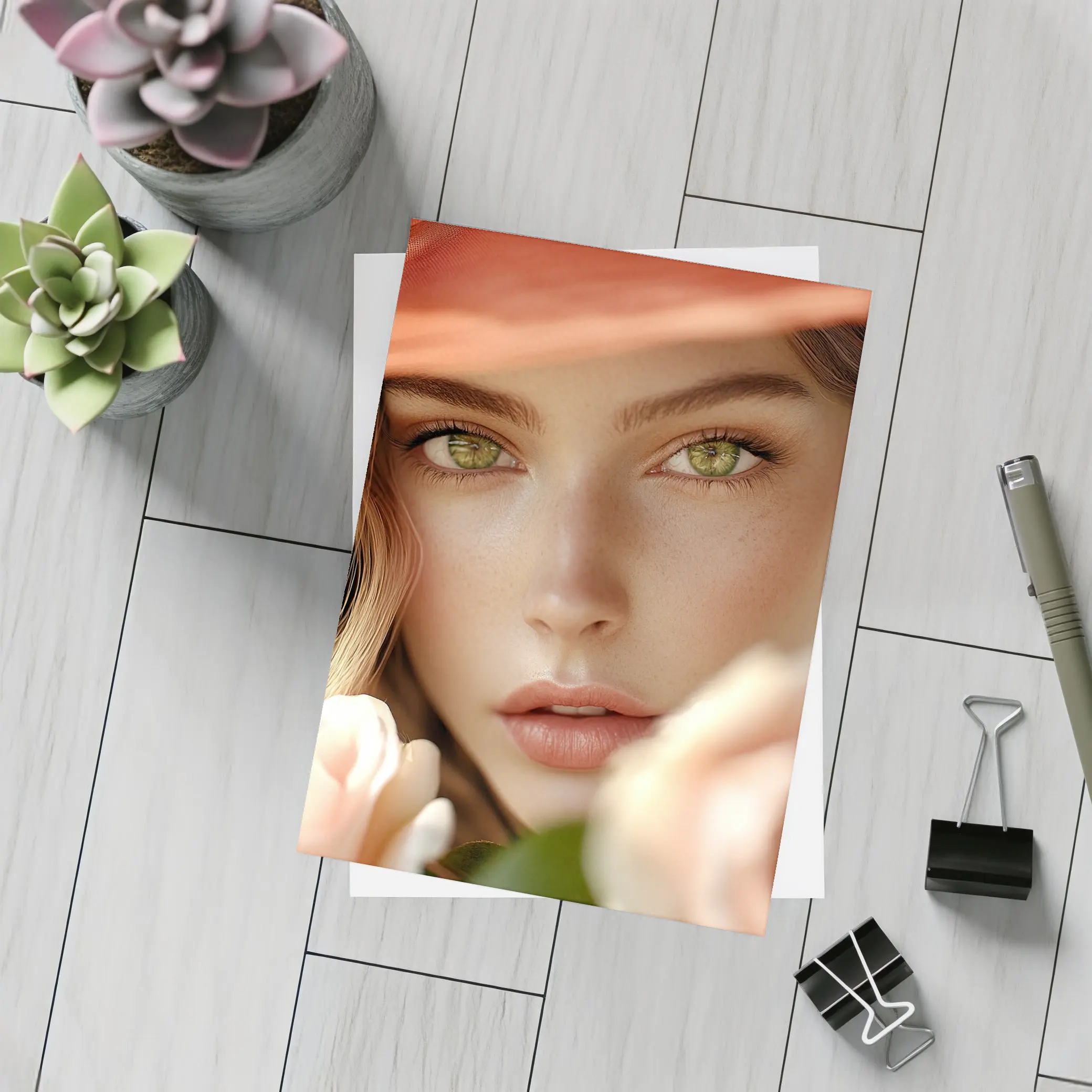 Green Eyes Woman Peach Hat Rose Portrait – Postcards