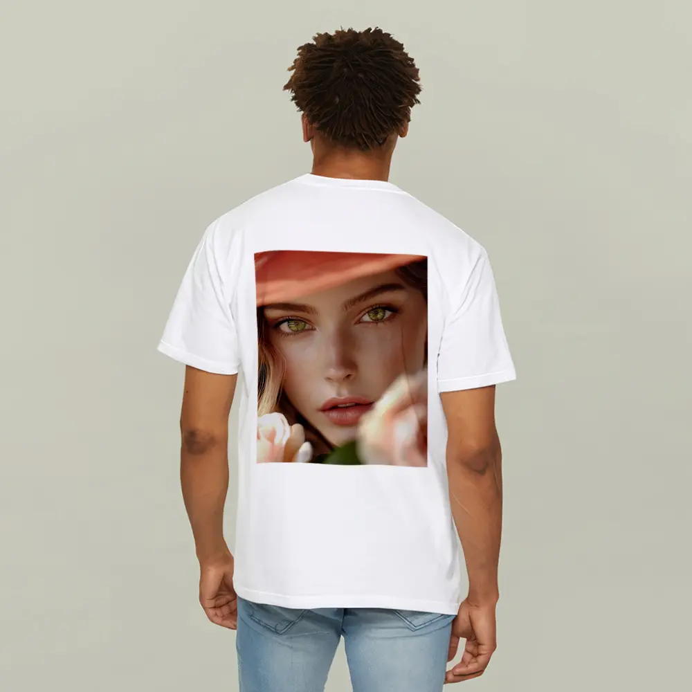 Green Eyes Woman Peach Hat Rose Portrait – T-Shirts