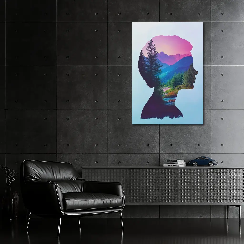 Woman Silhouette Double Exposure Mountain Forest – Wall Art