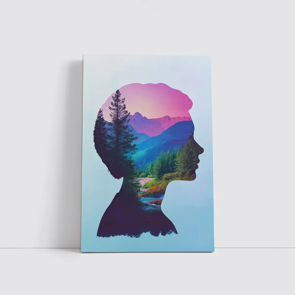 Woman Silhouette Double Exposure Mountain Forest – Wall Art