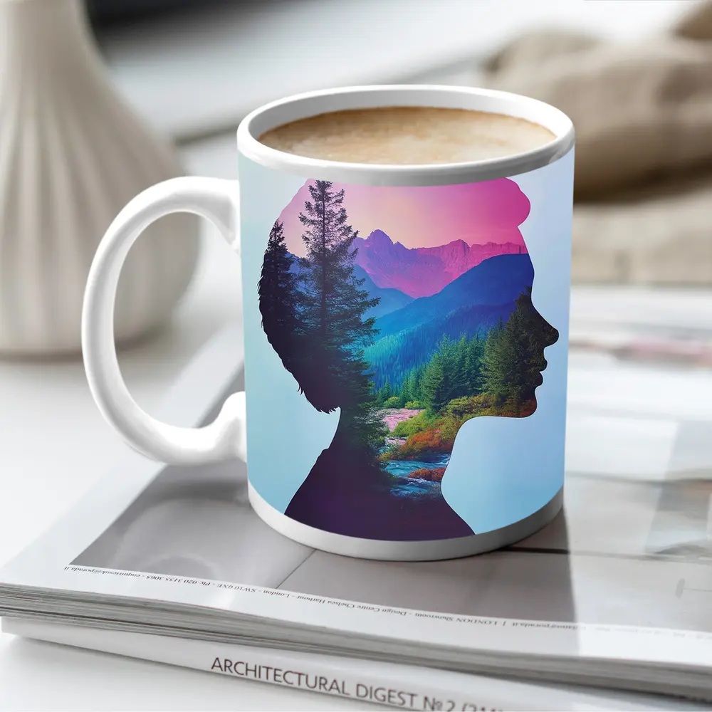 Woman Silhouette Double Exposure Mountain Forest – Mugs
