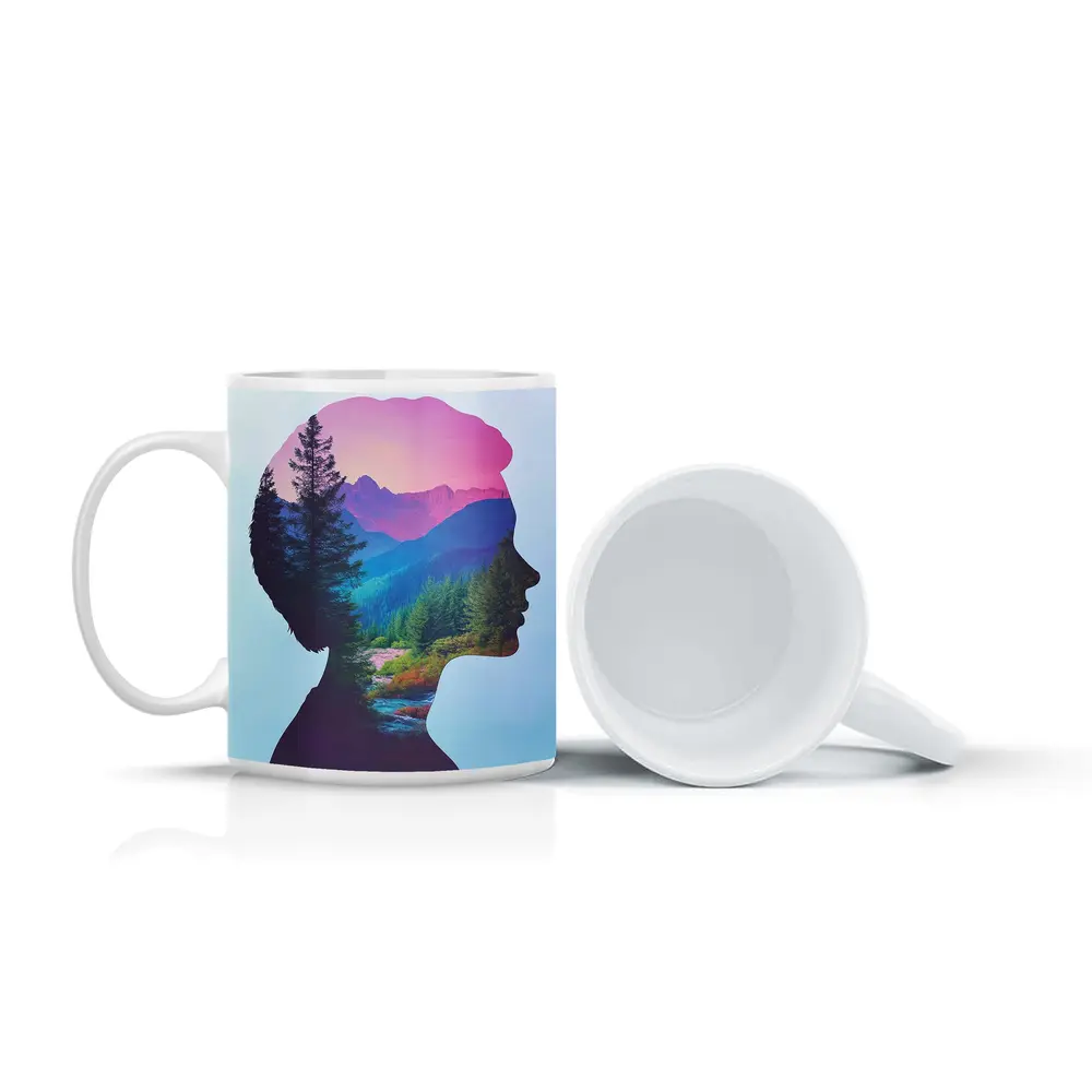 Woman Silhouette Double Exposure Mountain Forest – Mugs