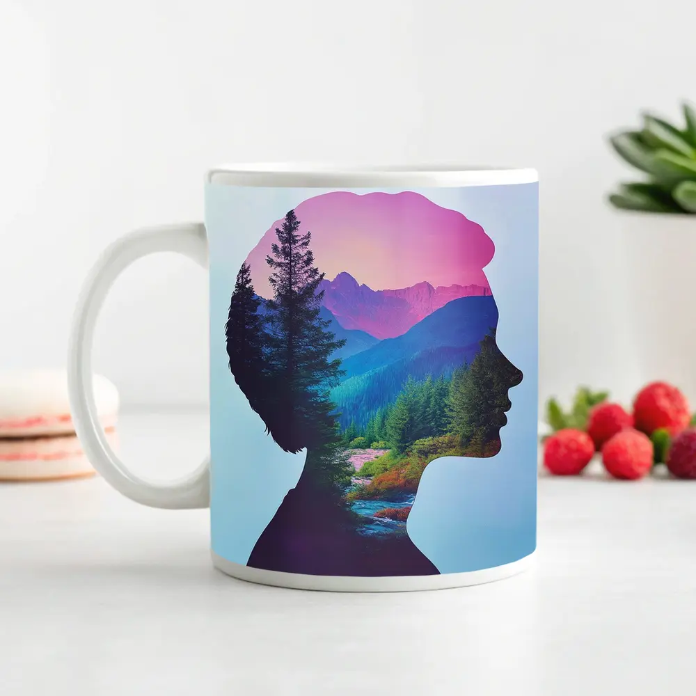 Woman Silhouette Double Exposure Mountain Forest – Mugs