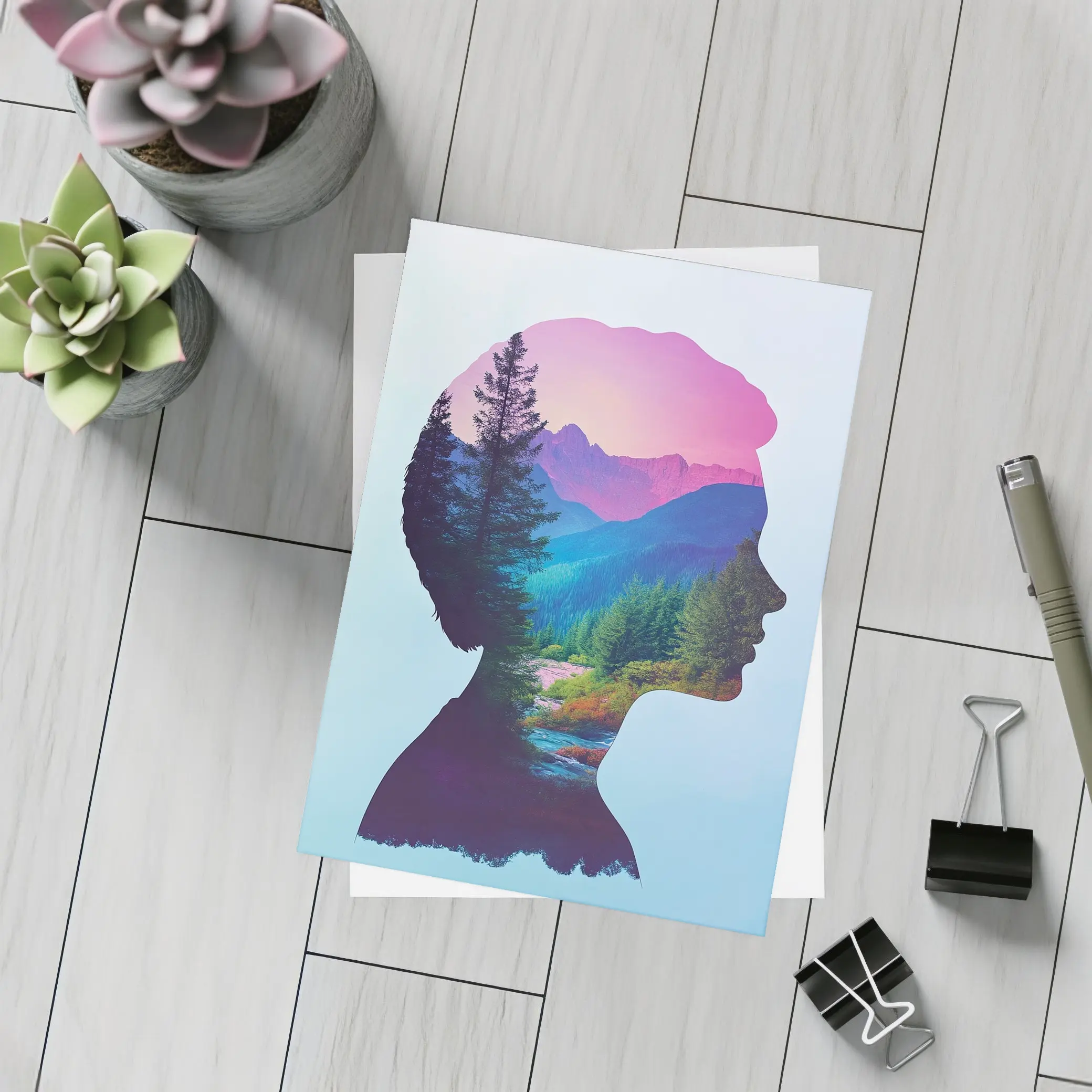 Woman Silhouette Double Exposure Mountain Forest – Postcards