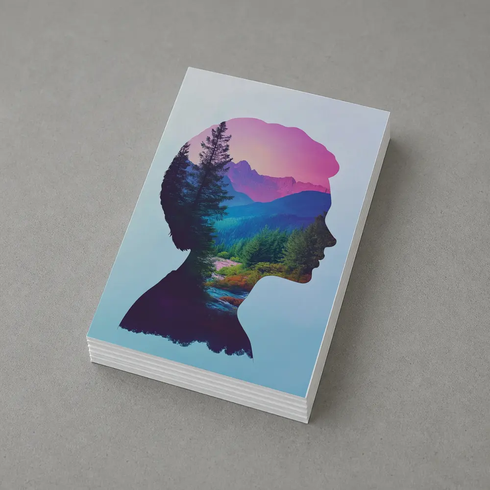 Woman Silhouette Double Exposure Mountain Forest – Postcards