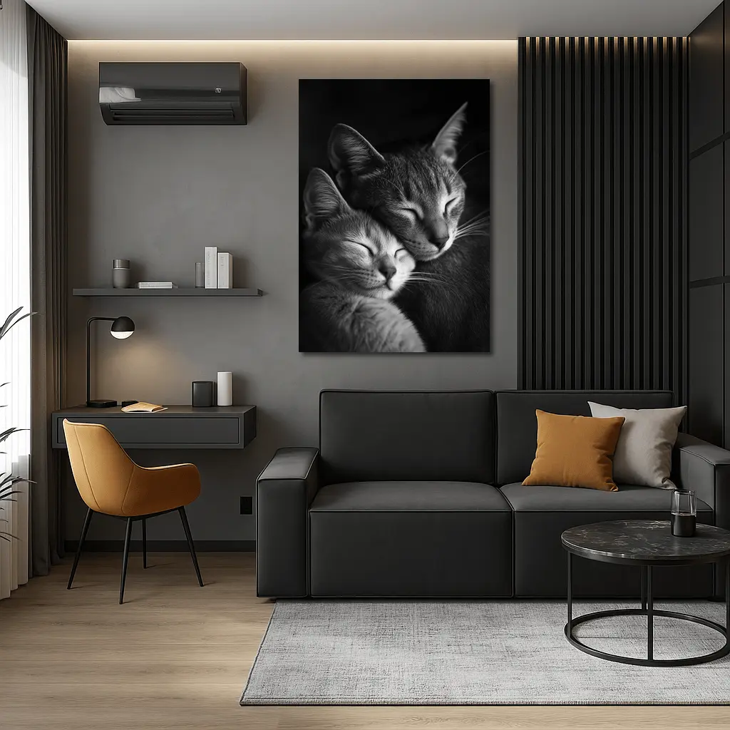 Two Cats Sleeping Together Black Background – Wall Art