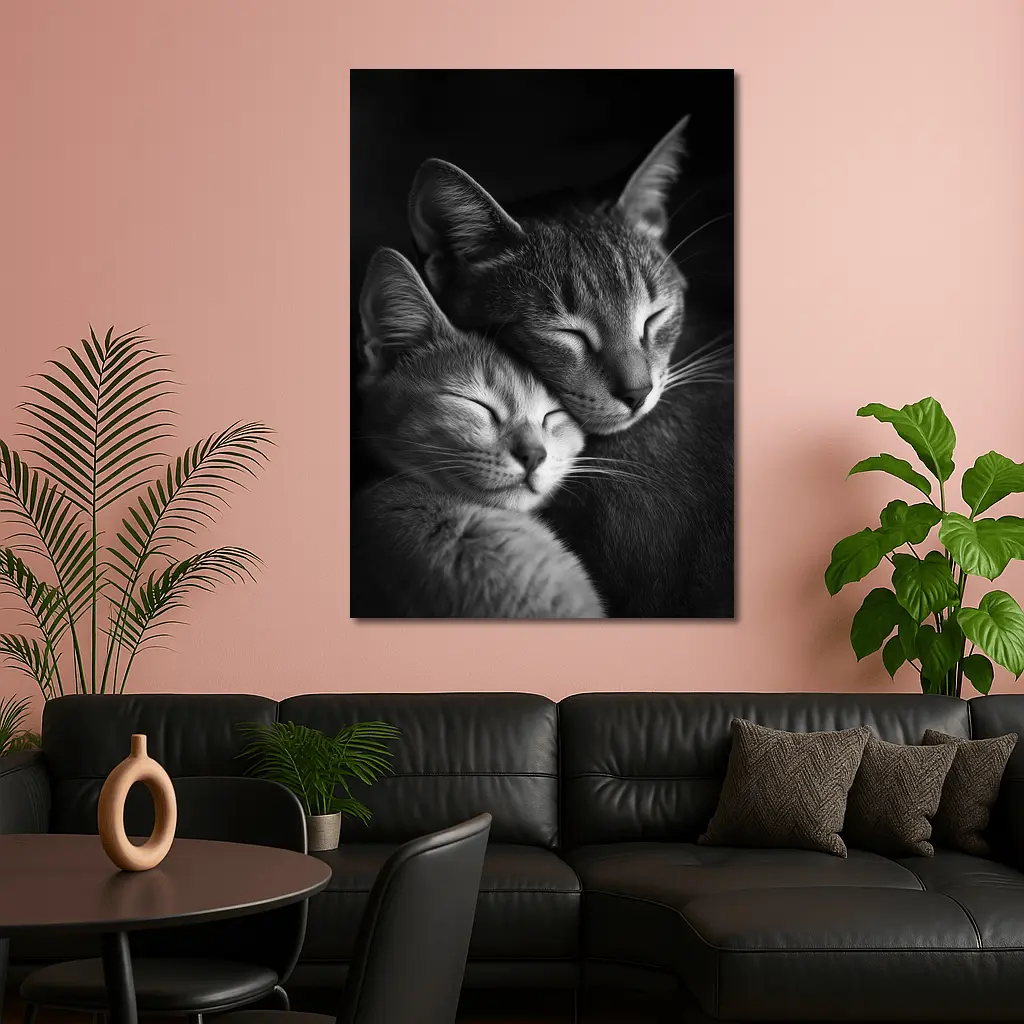 Two Cats Sleeping Together Black Background – Wall Art