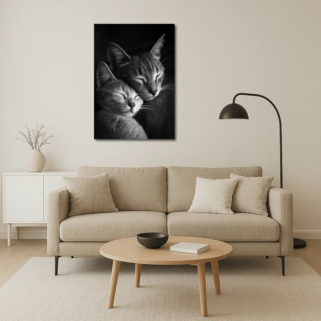 Two Cats Sleeping Together Black Background – Wall Art