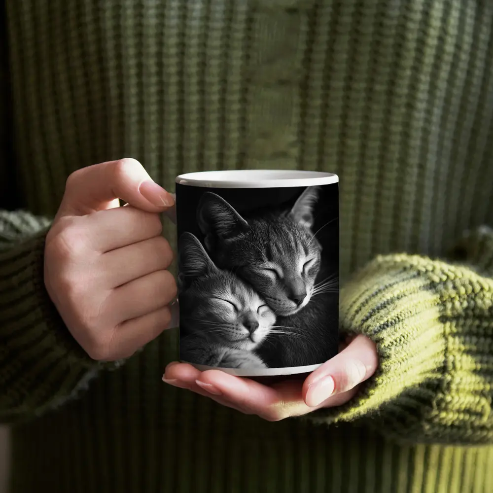 Two Cats Sleeping Together Black Background – Mugs