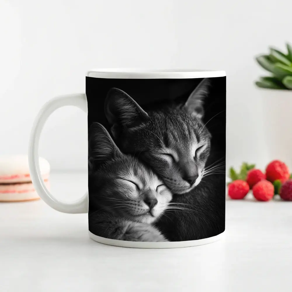Two Cats Sleeping Together Black Background – Mugs