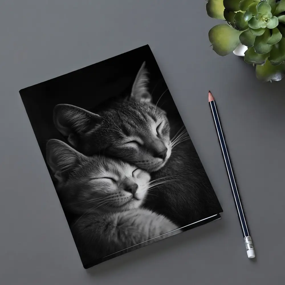 Two Cats Sleeping Together Black Background – Notebooks