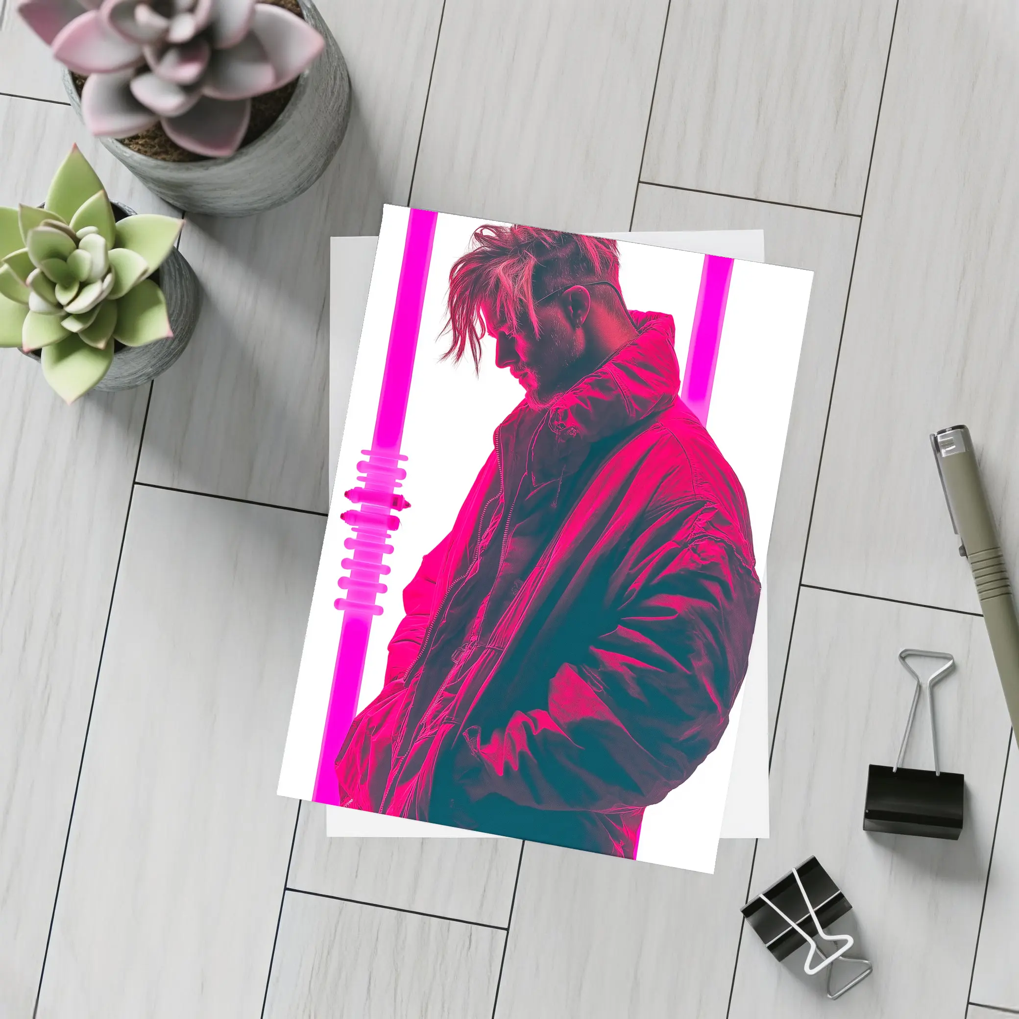 Man In Bomber Jacket Neon Pink Light – Postcards