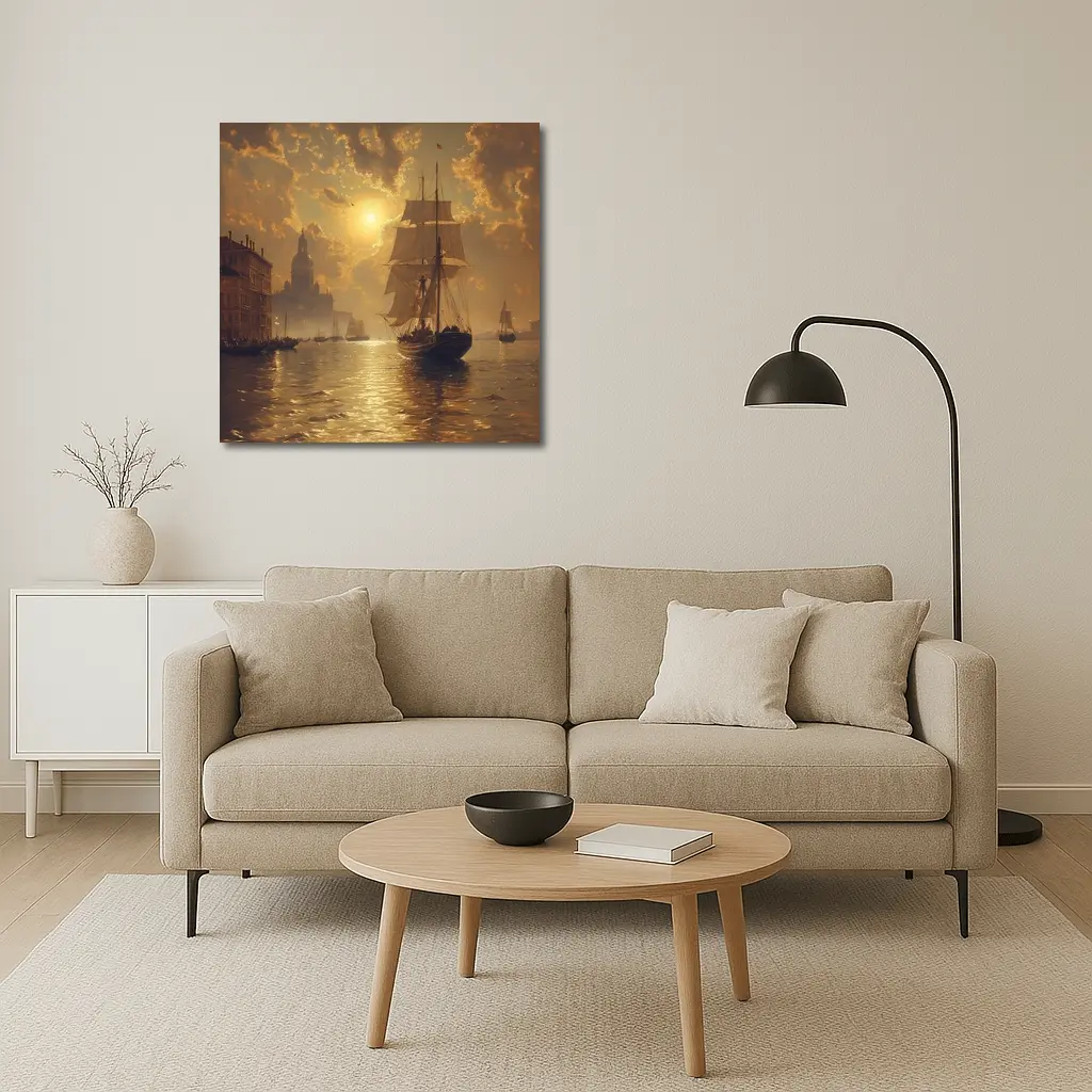 Tall Ship Venice Canal Golden Sunset Painting – Wall Art