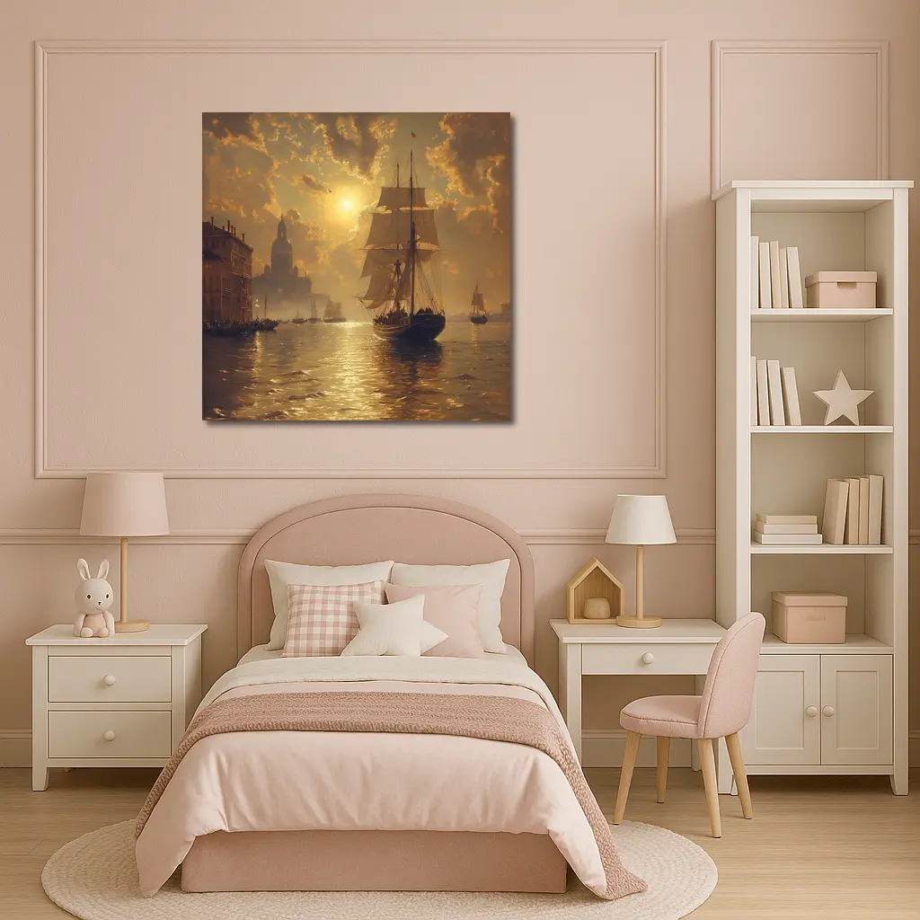 Tall Ship Venice Canal Golden Sunset Painting – Wall Art