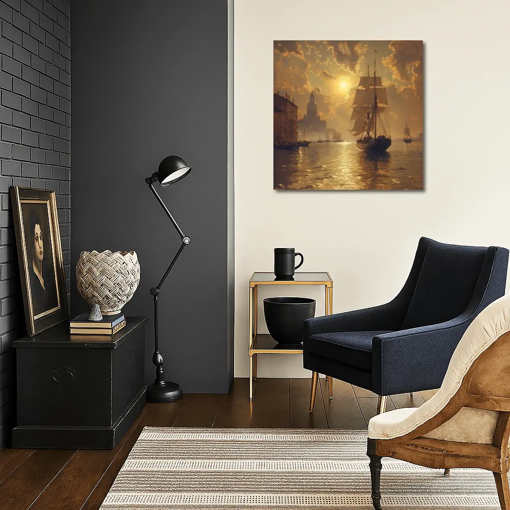 Tall Ship Venice Canal Golden Sunset Painting – Wall Art