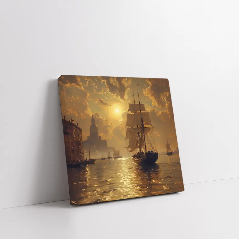 Tall Ship Venice Canal Golden Sunset Painting – Wall Art