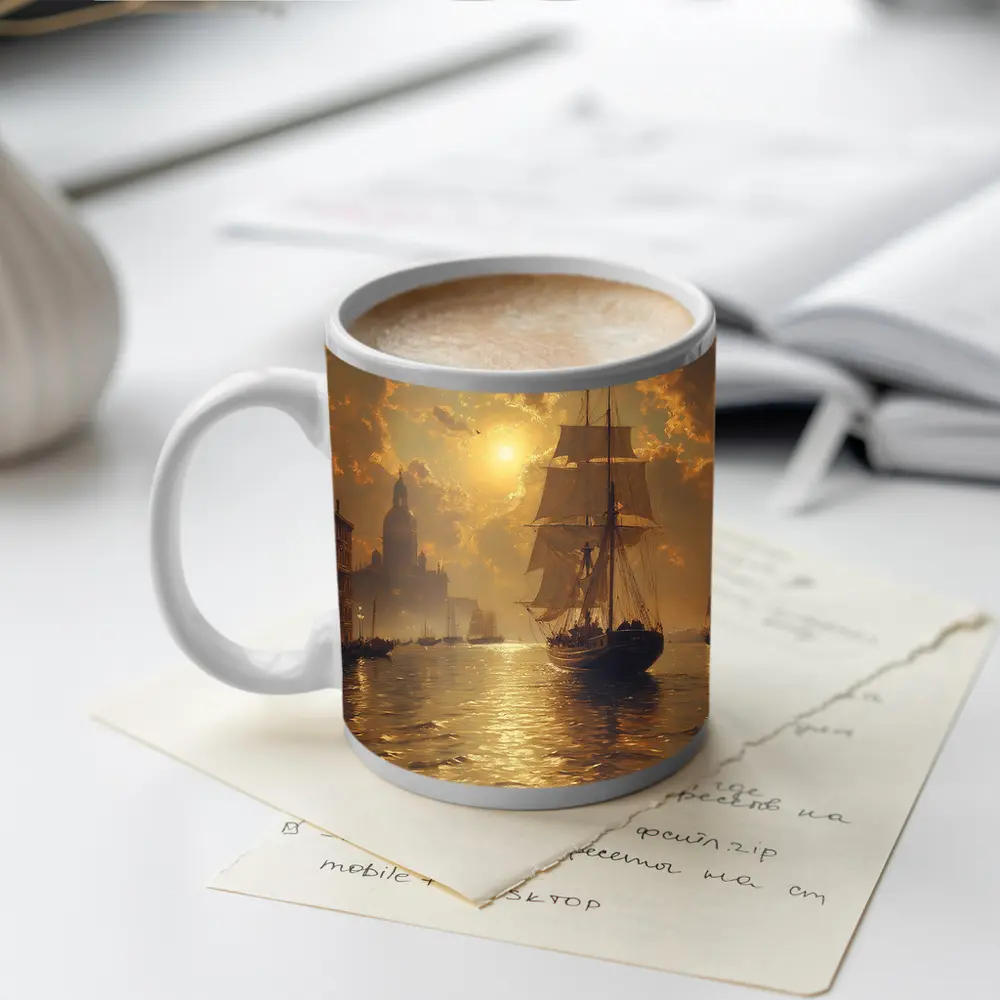 Tall Ship Venice Canal Golden Sunset Painting – Mugs