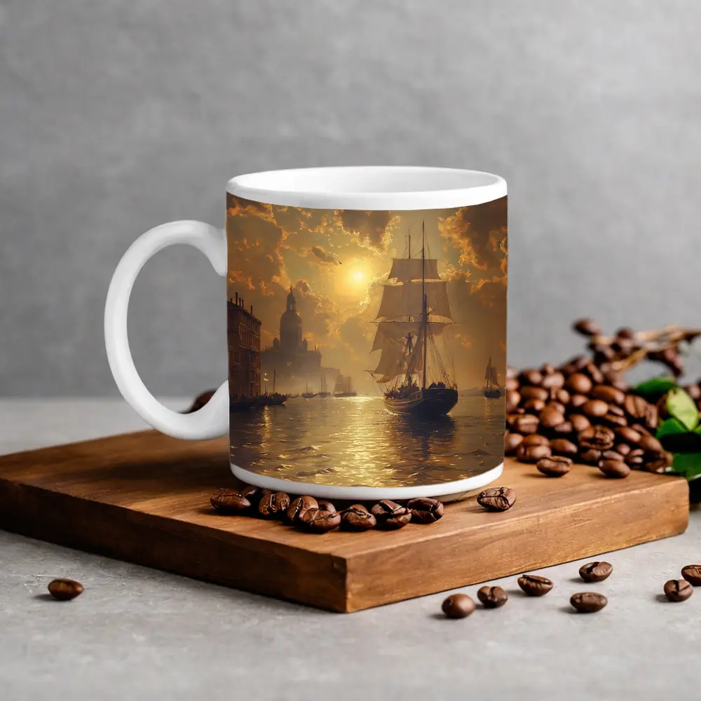 Tall Ship Venice Canal Golden Sunset Painting – Mugs