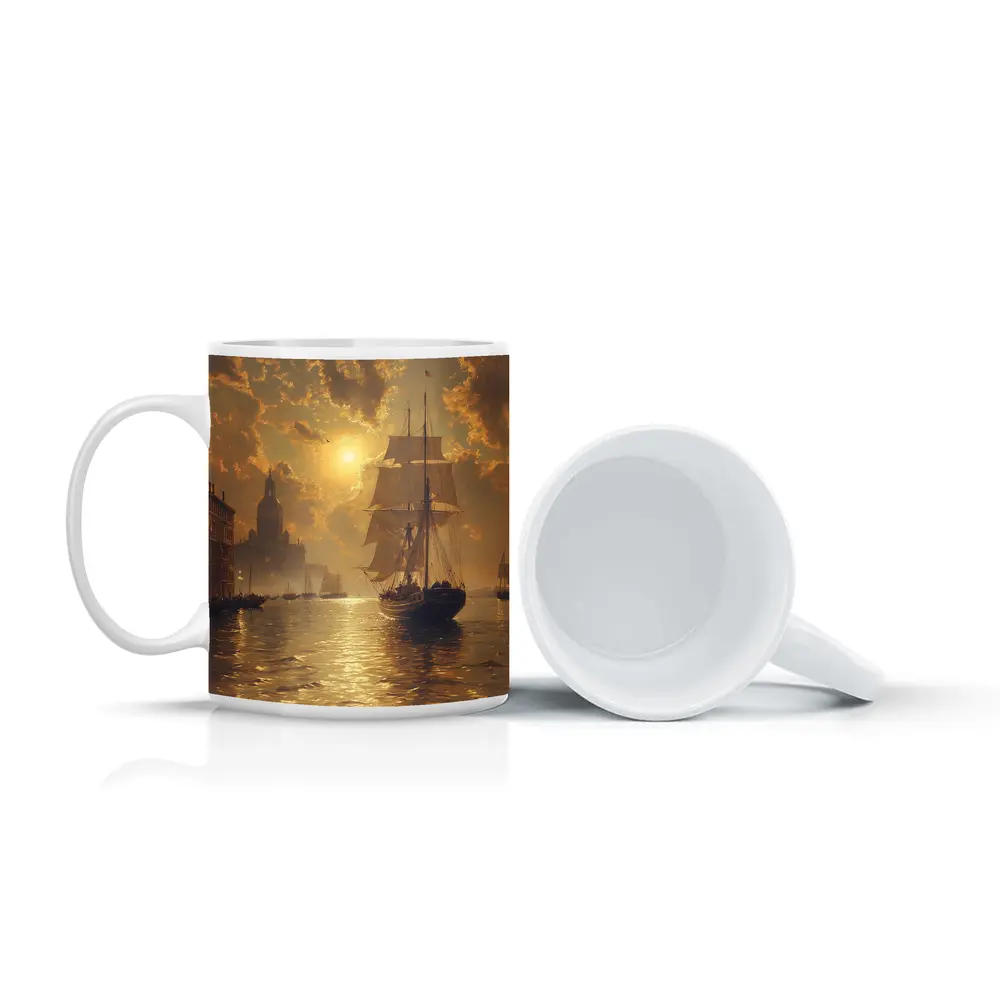 Tall Ship Venice Canal Golden Sunset Painting – Mugs