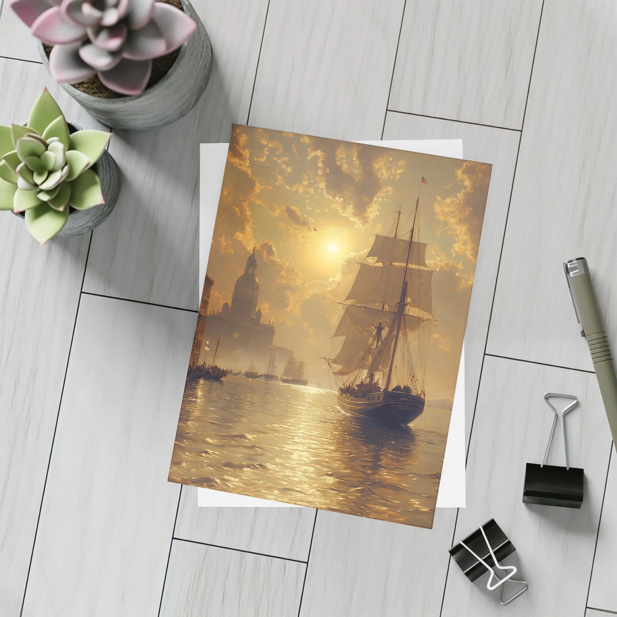 Tall Ship Venice Canal Golden Sunset Painting – Postcards