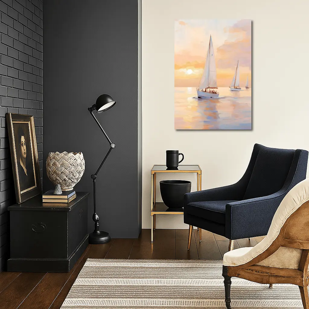 Sailboats On Calm Sea At Golden Sunset – Wall Art