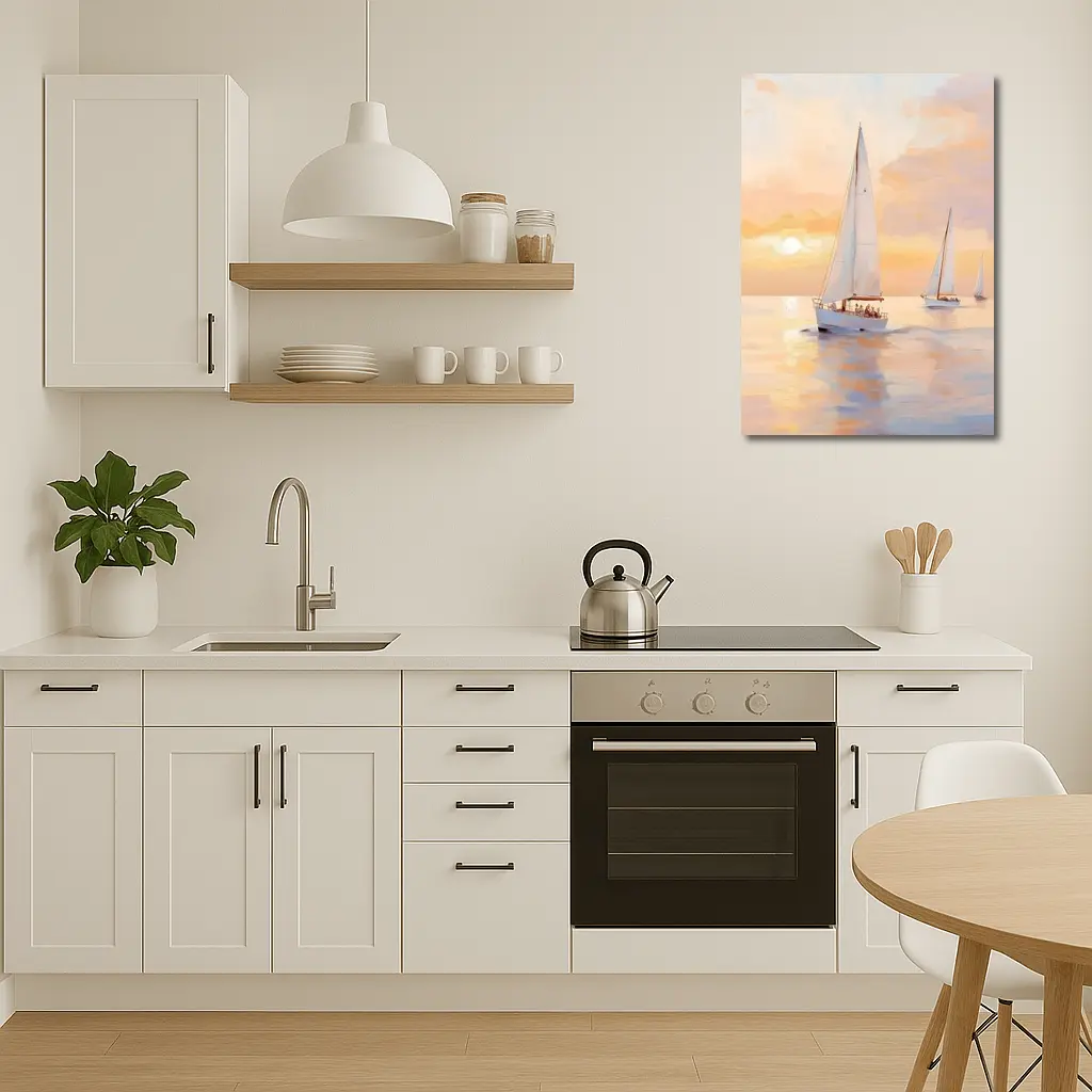 Sailboats On Calm Sea At Golden Sunset – Wall Art