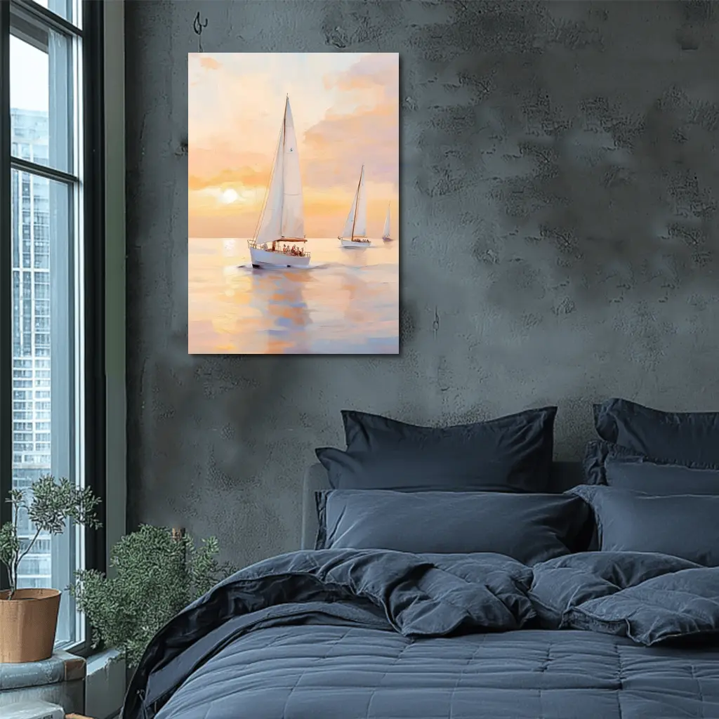 Sailboats On Calm Sea At Golden Sunset – Wall Art