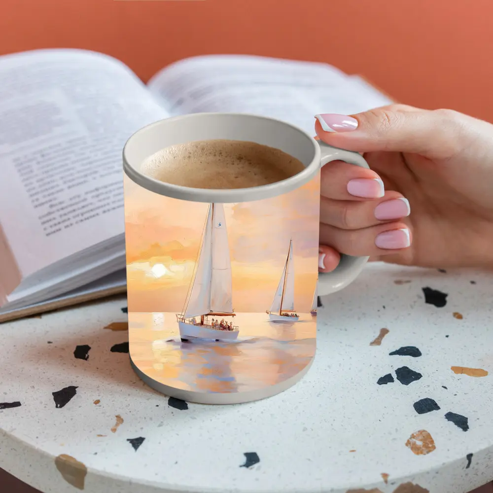 Sailboats On Calm Sea At Golden Sunset – Mugs
