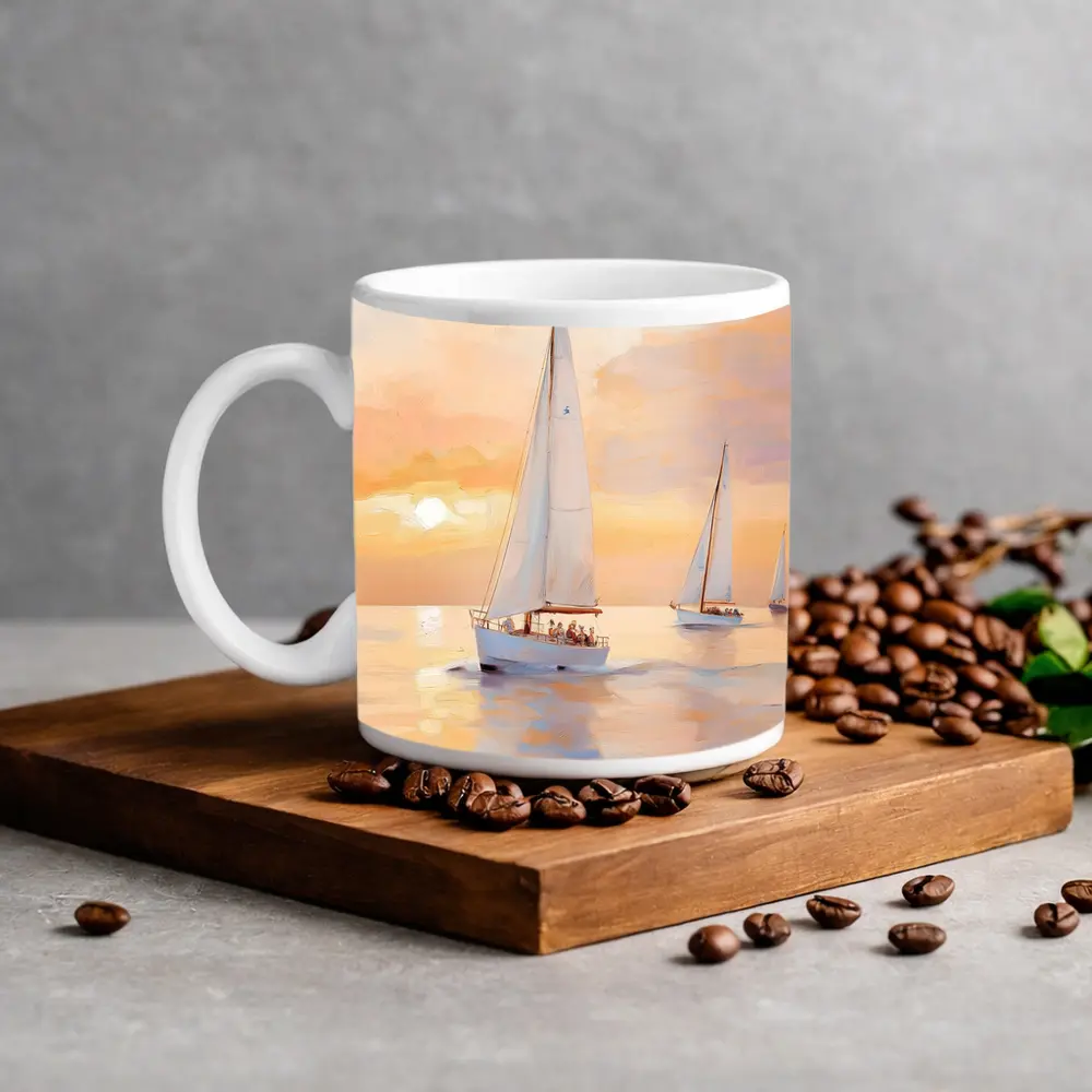 Sailboats On Calm Sea At Golden Sunset – Mugs