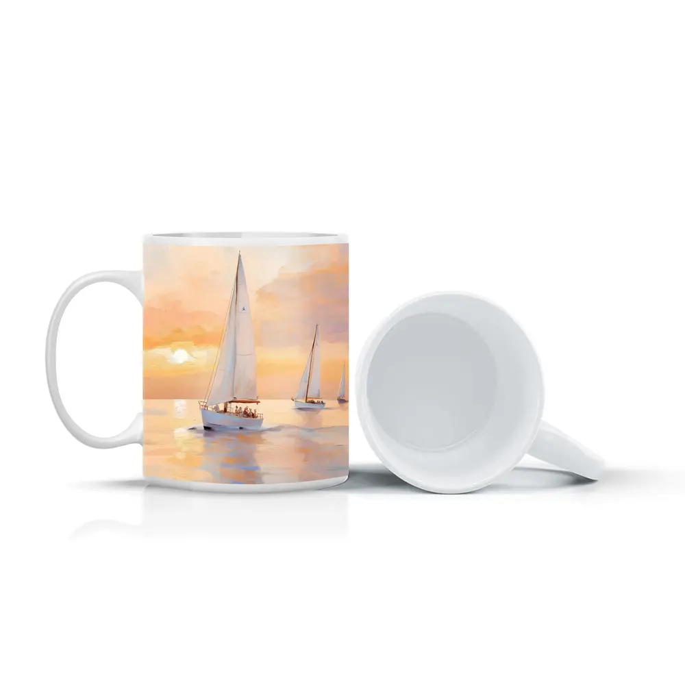 Sailboats On Calm Sea At Golden Sunset – Mugs