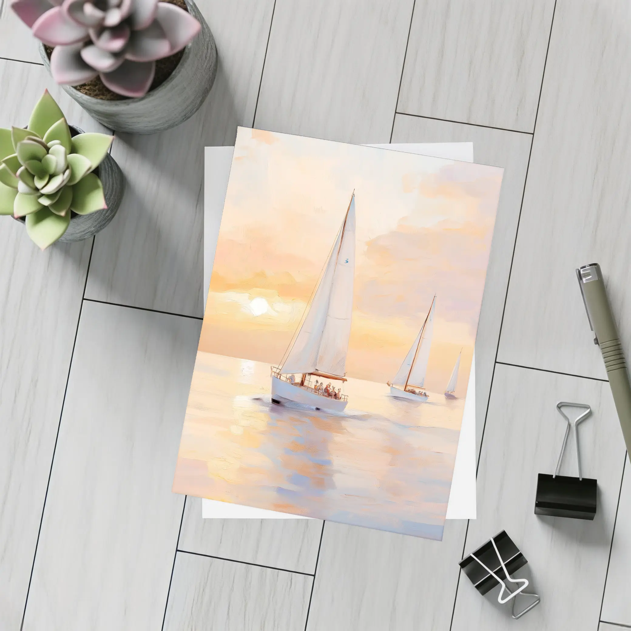 Sailboats On Calm Sea At Golden Sunset – Postcards
