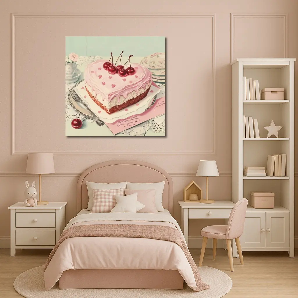 Heart Shaped Cherry Cake Vintage Illustration – Wall Art