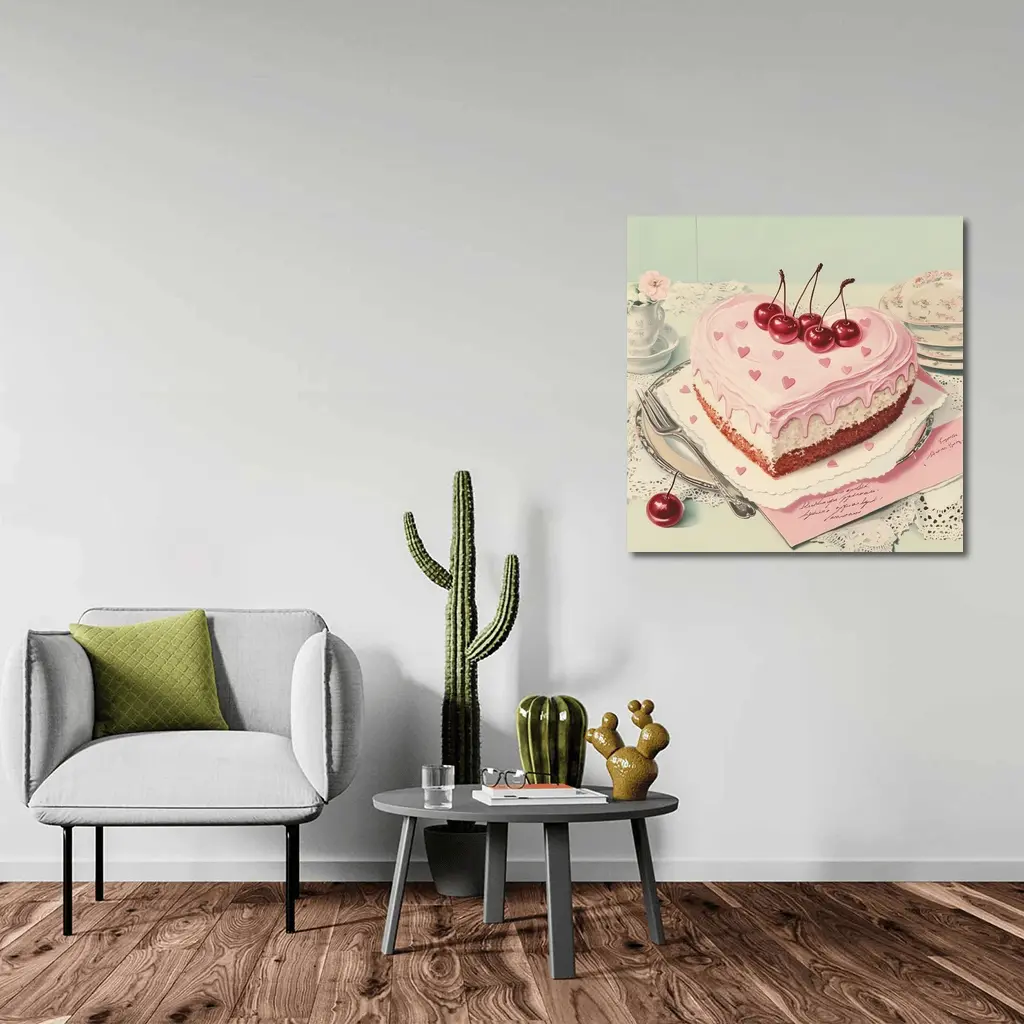 Heart Shaped Cherry Cake Vintage Illustration – Wall Art