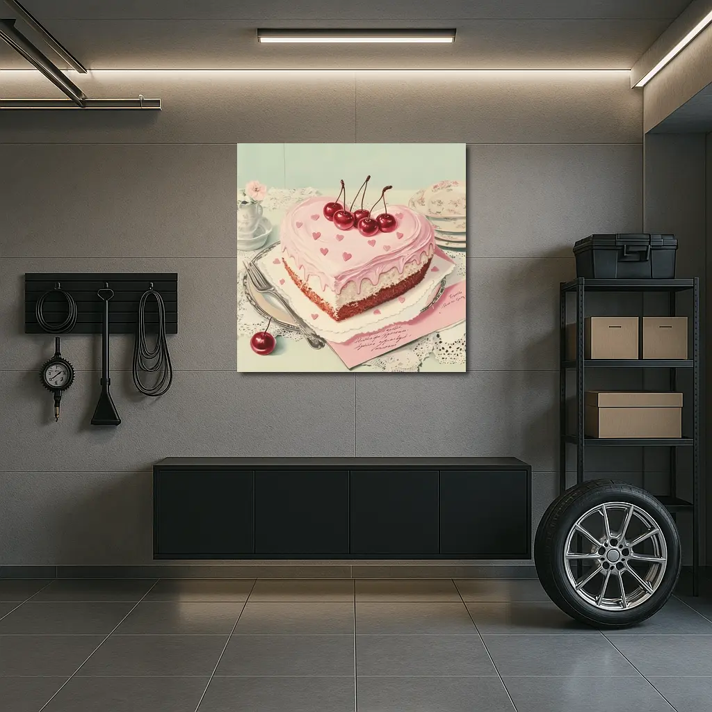 Heart Shaped Cherry Cake Vintage Illustration – Wall Art