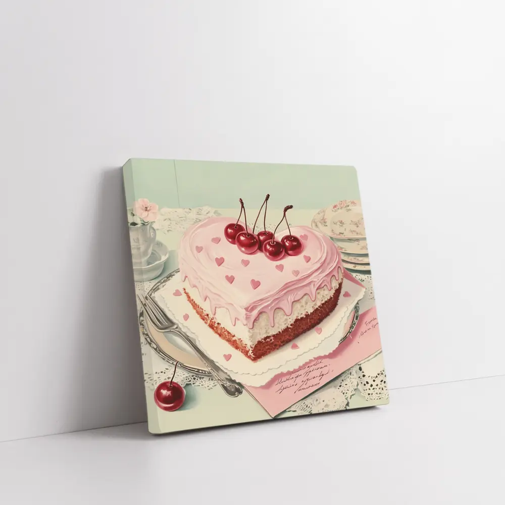 Heart Shaped Cherry Cake Vintage Illustration – Wall Art