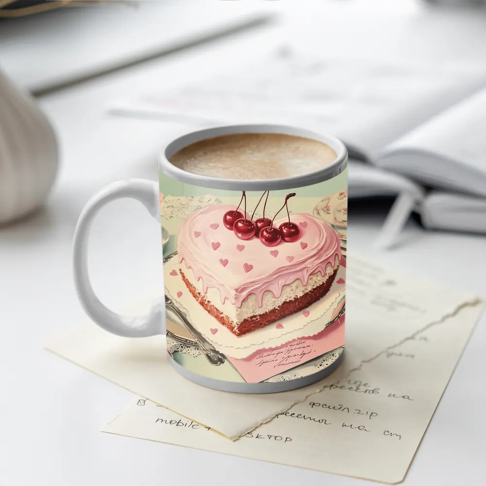Heart Shaped Cherry Cake Vintage Illustration – Mugs