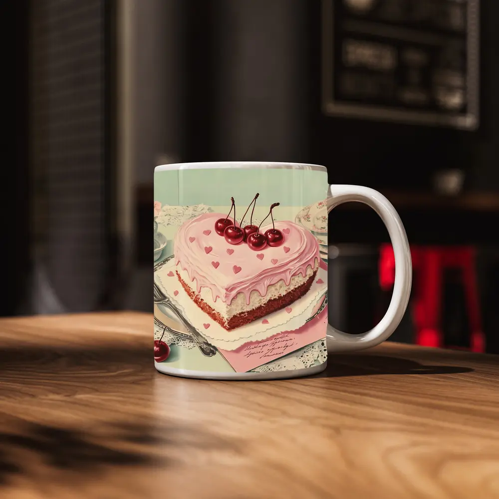 Heart Shaped Cherry Cake Vintage Illustration – Mugs