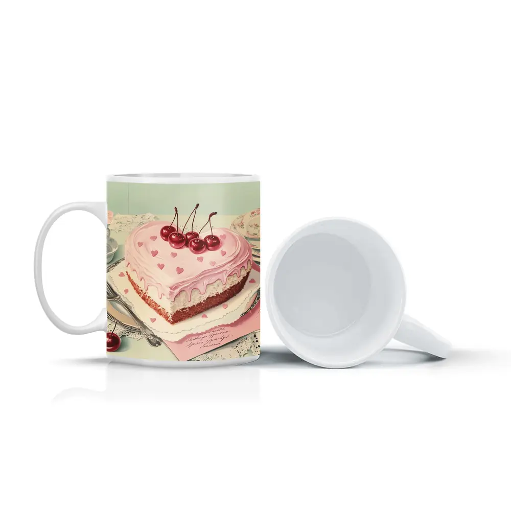 Heart Shaped Cherry Cake Vintage Illustration – Mugs