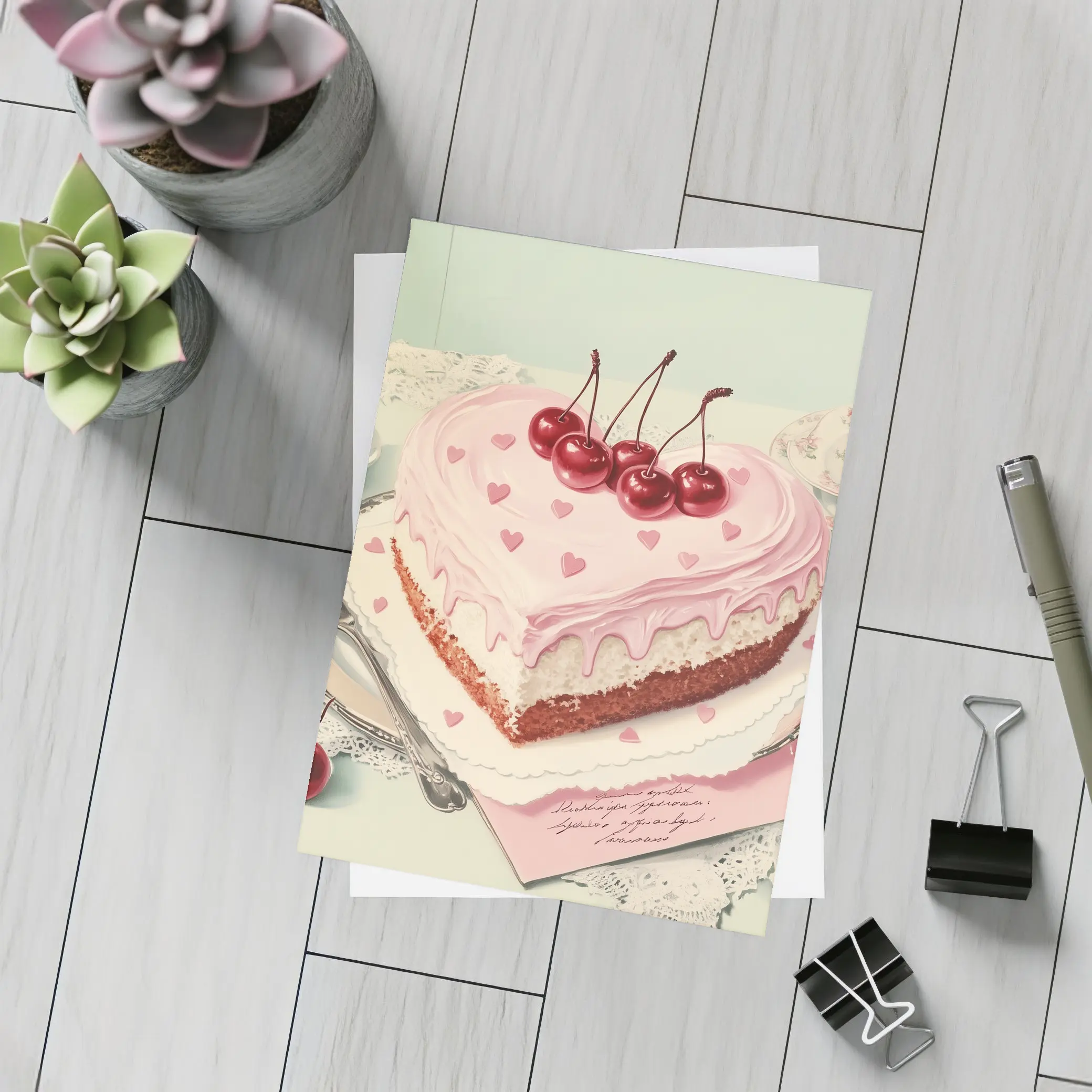 Heart Shaped Cherry Cake Vintage Illustration – Postcards